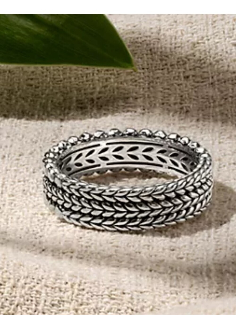 JAI Sterling Silver Basketweave & Shimmer Bead Band Ring